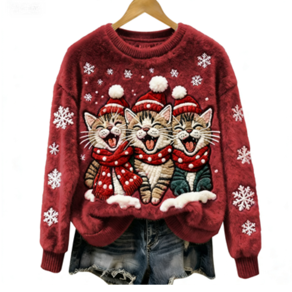 Christmas Cats Damen Gemütlicher Weihnachts-Katzen Flauschpullover