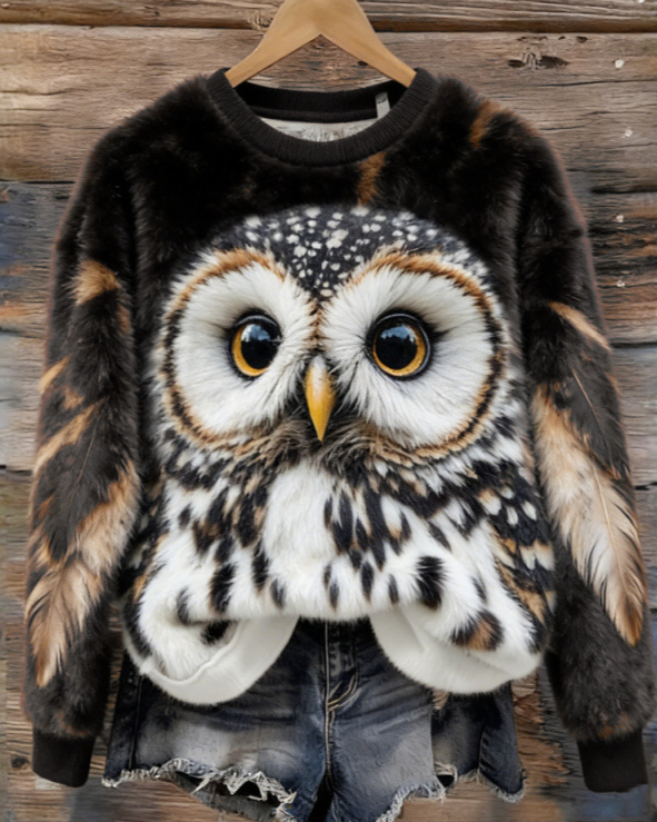 Damen Sweatshirt Dunkelbraun: Realistischer 3D Eulen-Druck, Flauschiger Flanell-Pullover mit Tiermotiv für Frühling, Herbst & Winter S-5XL