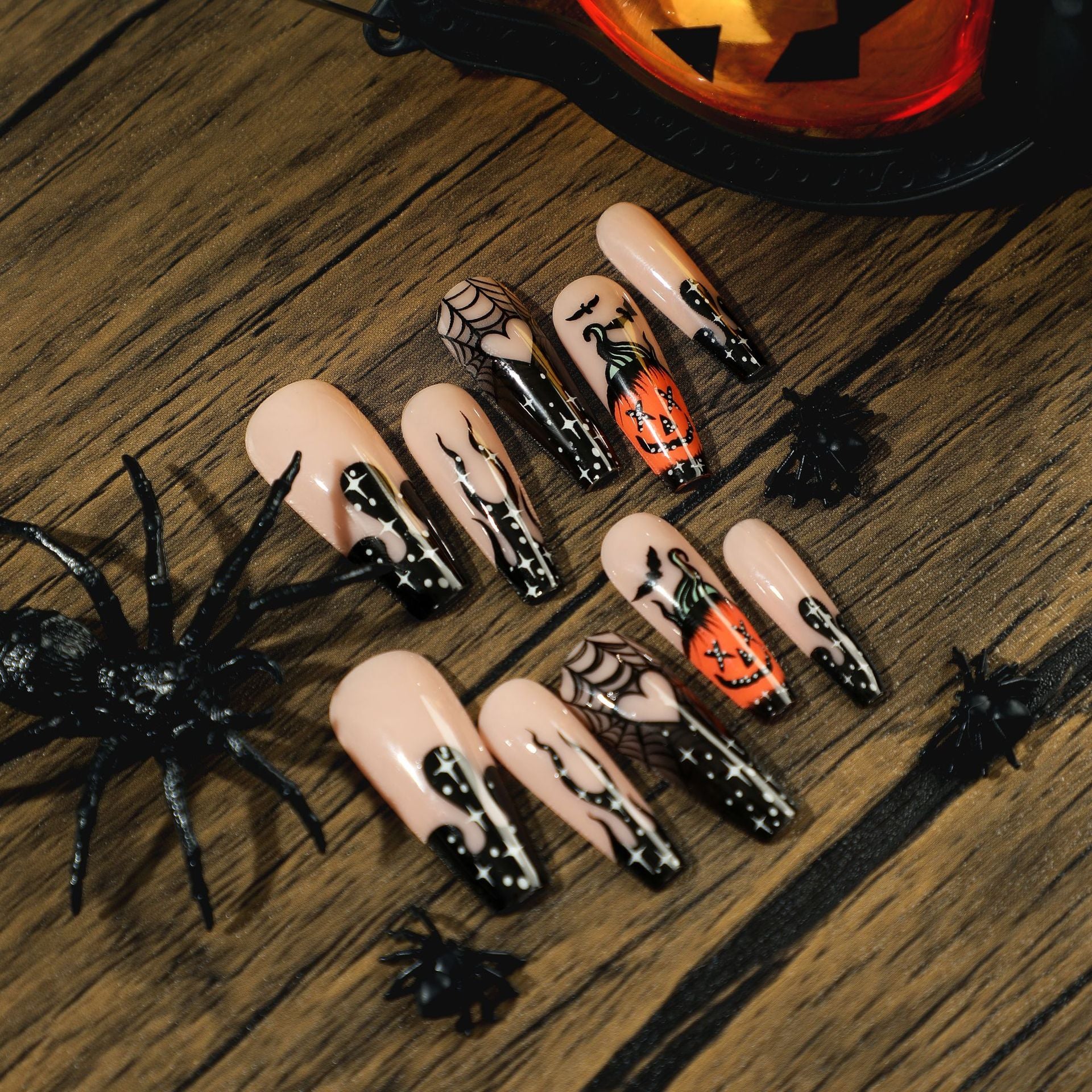StarNagel Ballerina Nägel mit Schwarzem French und Spinnennetz, Kürbis und Fledermäusen für Halloween