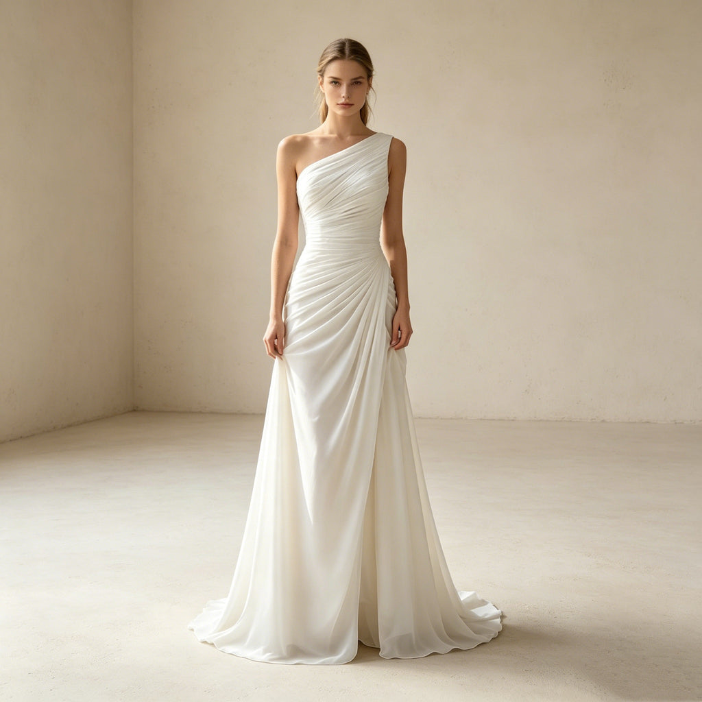 Elegantes One-Shoulder Abendkleid in Weiß – Figurbetontes Maxi-Festkleid mit Raffung