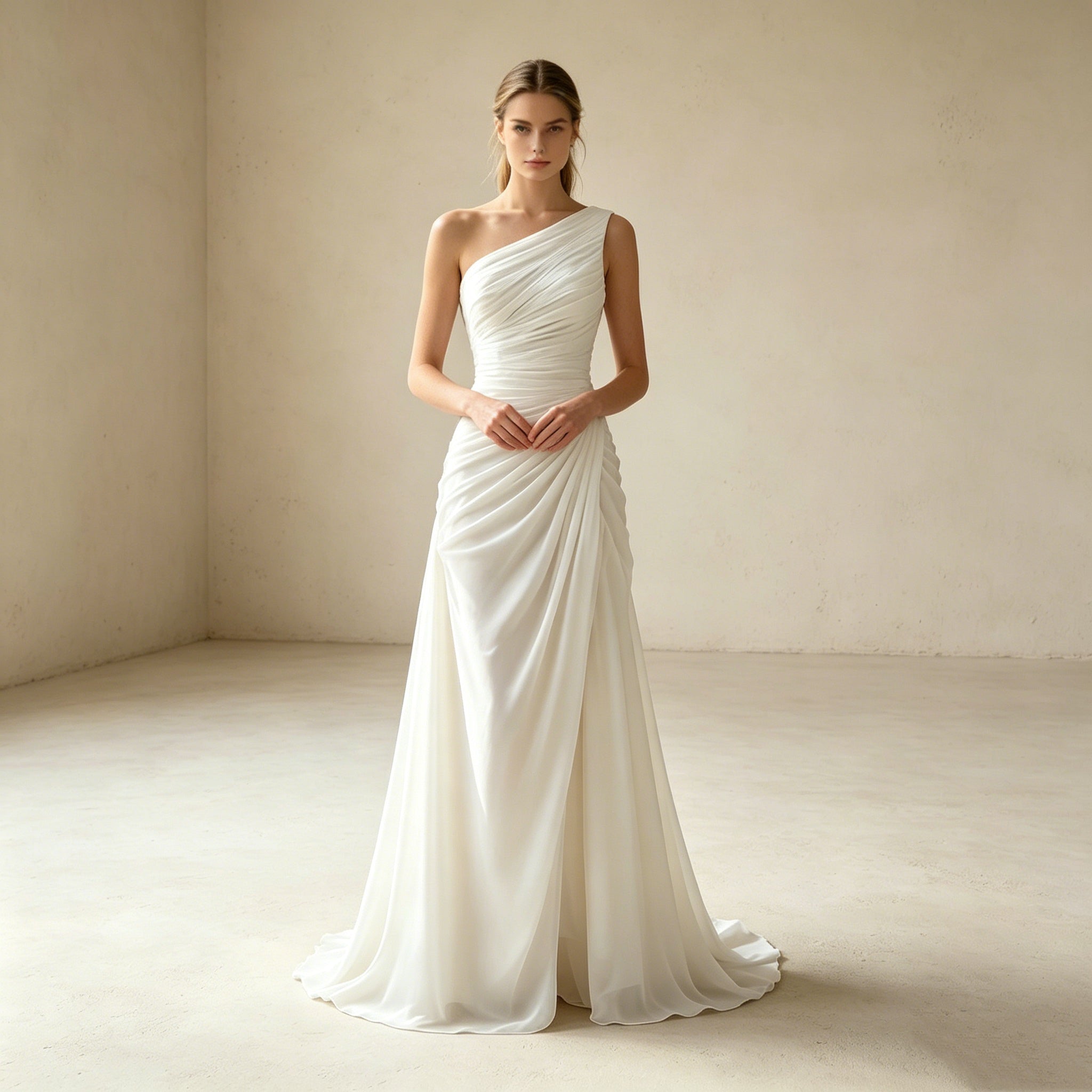 Elegantes One-Shoulder Abendkleid in Weiß – Figurbetontes Maxi-Festkleid mit Raffung
