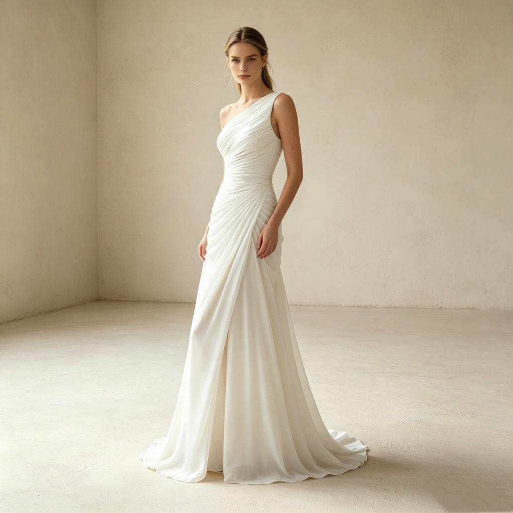 Elegantes One-Shoulder Abendkleid in Weiß – Figurbetontes Maxi-Festkleid mit Raffung
