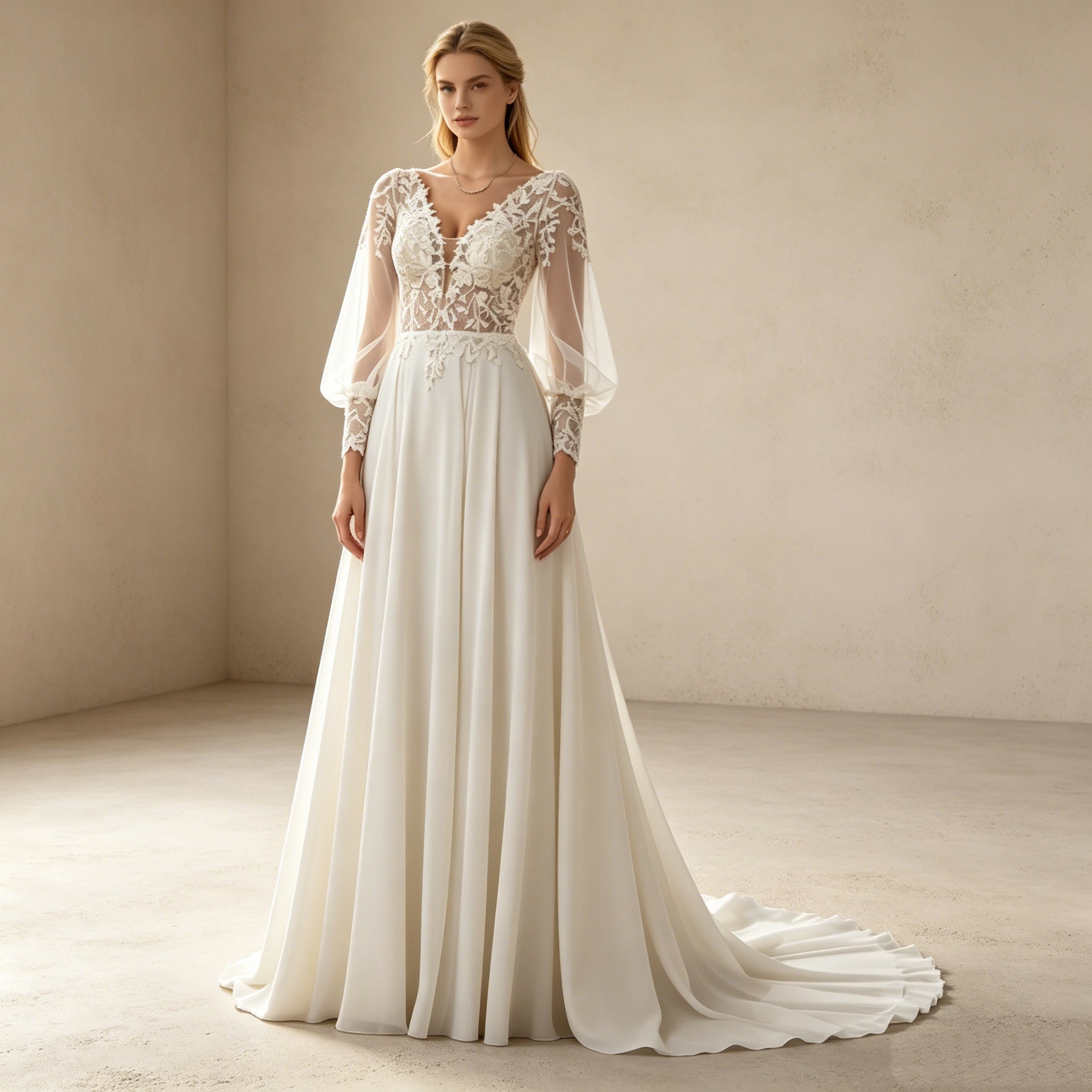 Elegantes A-Linien Abendkleid mit Langarm – Stilvolles Maxi-Festkleid mit Spitzenbesatz