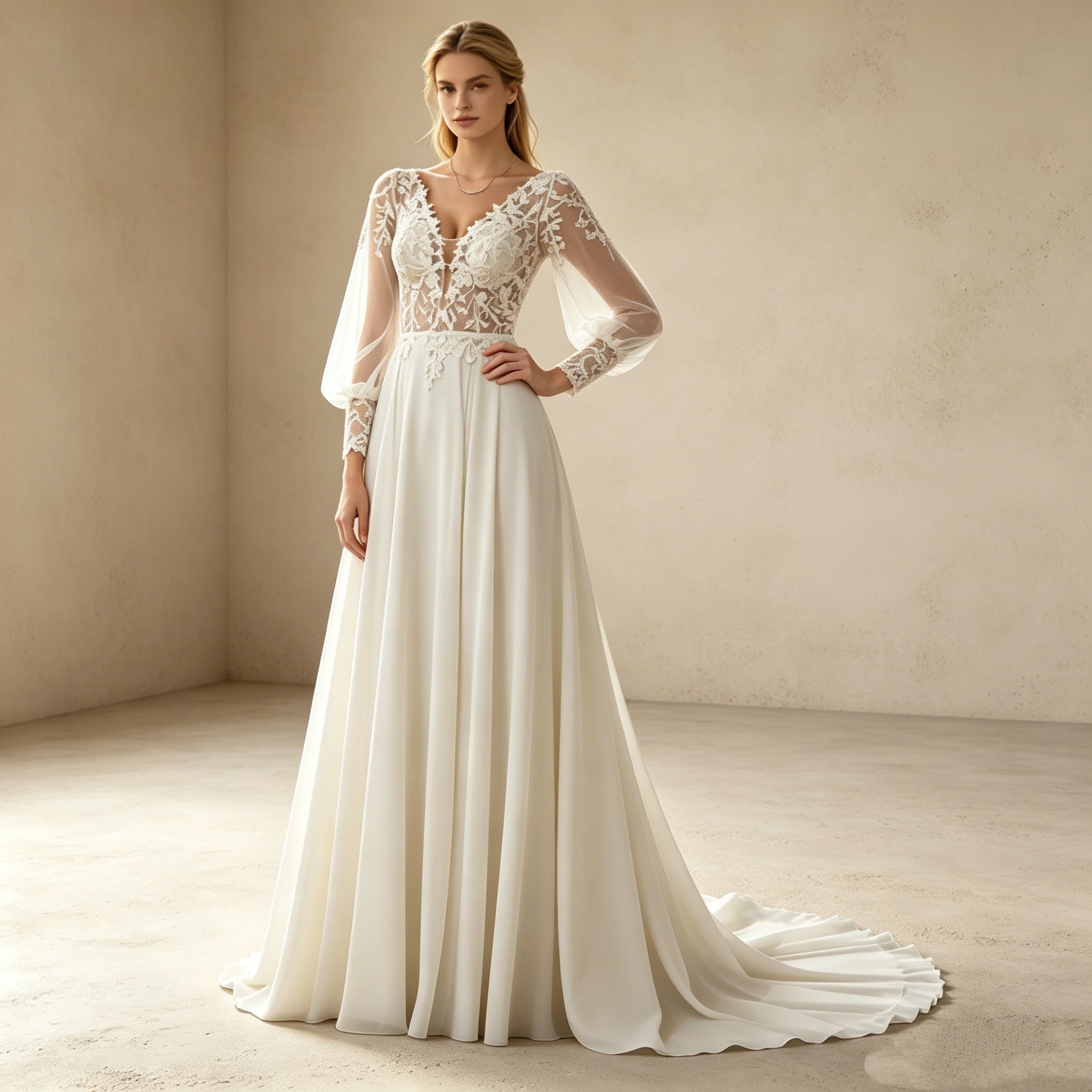 Elegantes A-Linien Abendkleid mit Langarm – Stilvolles Maxi-Festkleid mit Spitzenbesatz