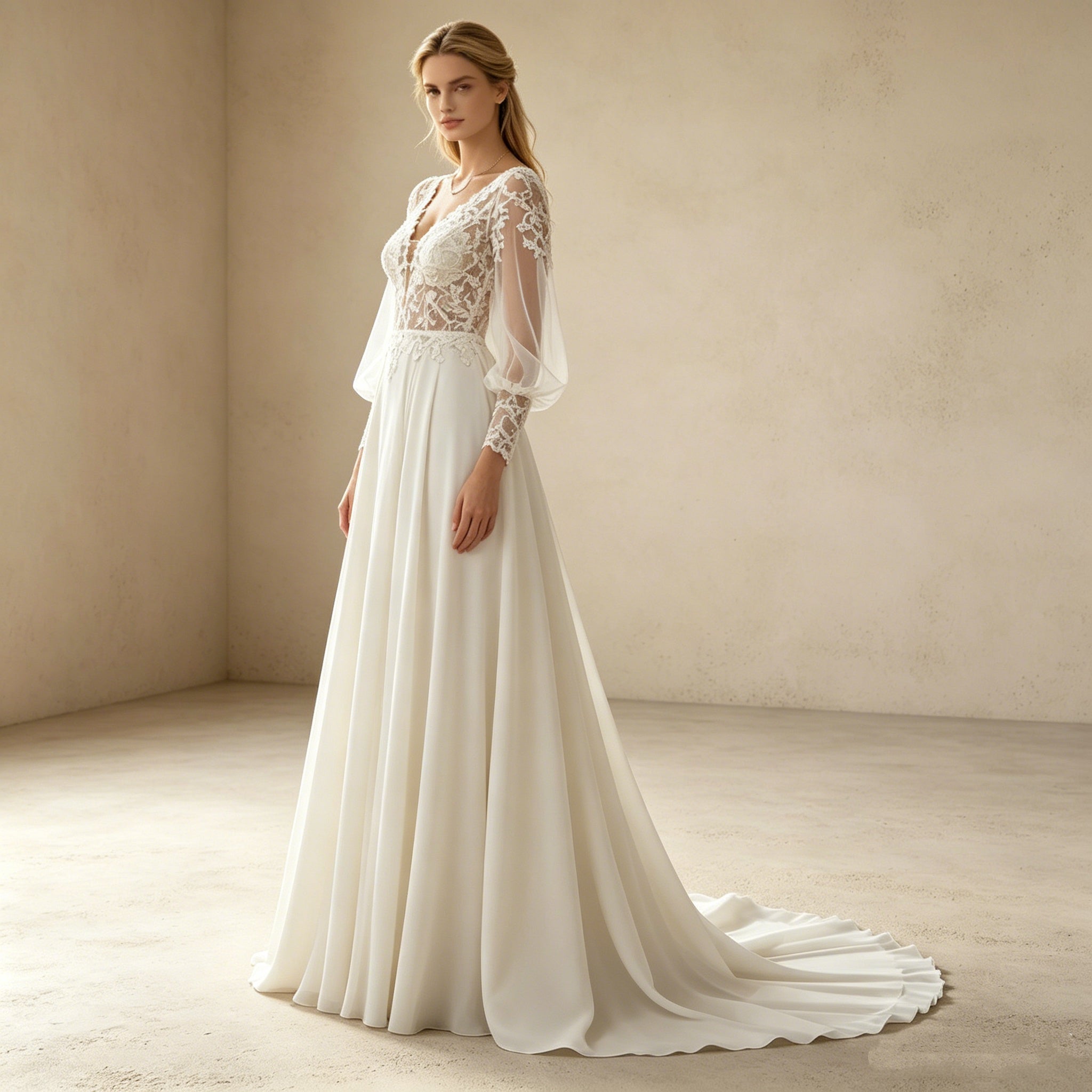 Elegantes A-Linien Abendkleid mit Langarm – Stilvolles Maxi-Festkleid mit Spitzenbesatz