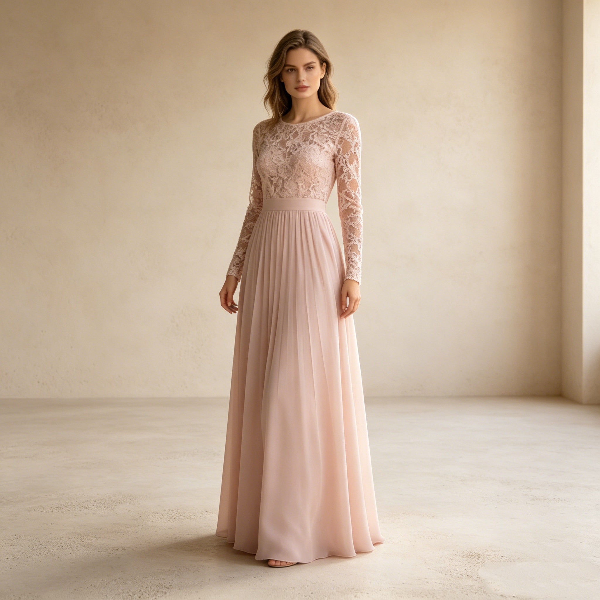 Elegantes A-Linien Abendkleid mit Langarm – Stilvolles Rosé Maxi-Festkleid mit Spitze