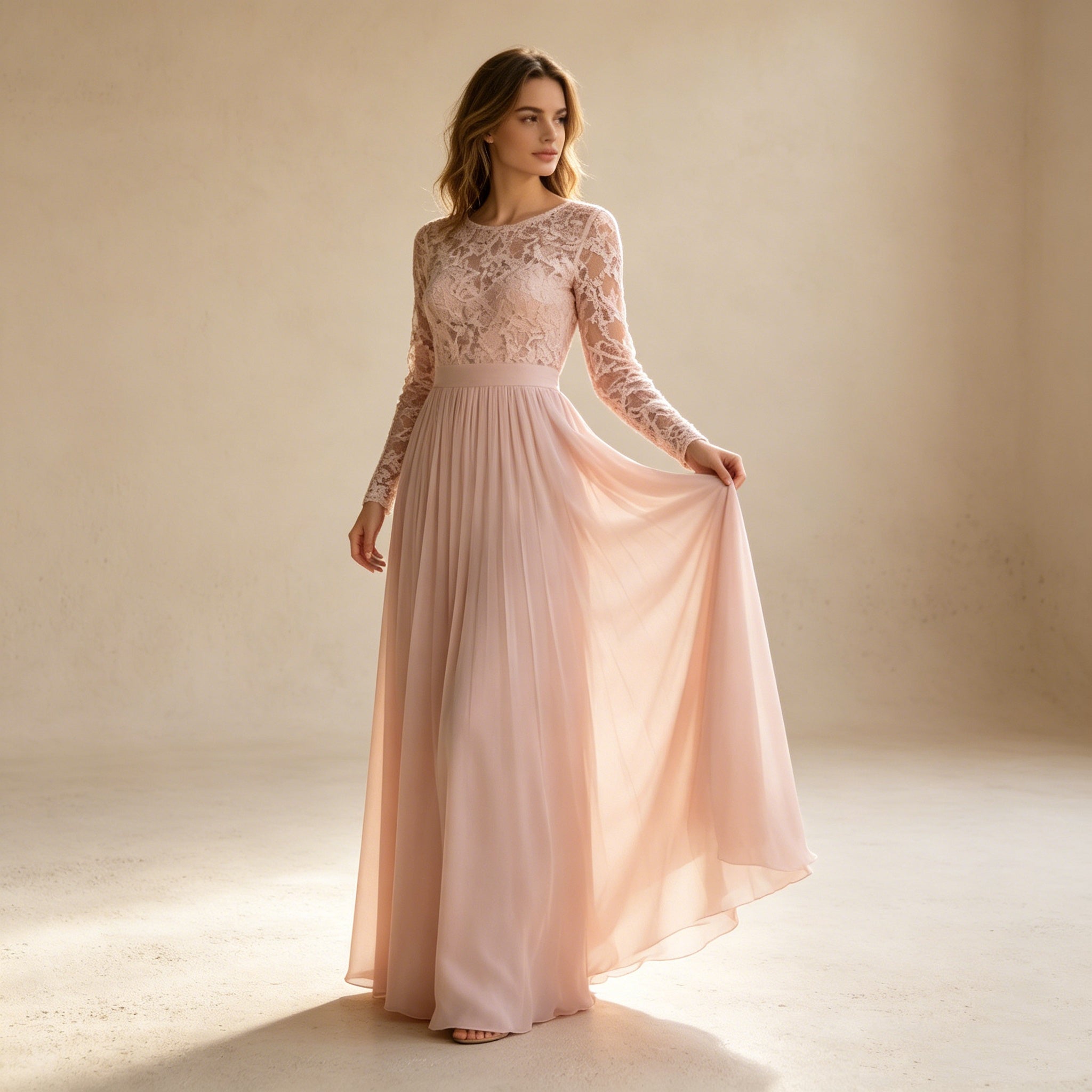 Elegantes A-Linien Abendkleid mit Langarm – Stilvolles Rosé Maxi-Festkleid mit Spitze