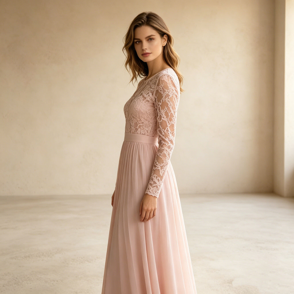 Elegantes A-Linien Abendkleid mit Langarm – Stilvolles Rosé Maxi-Festkleid mit Spitze