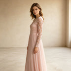 Elegantes A-Linien Abendkleid mit Langarm – Stilvolles Rosé Maxi-Festkleid mit Spitze