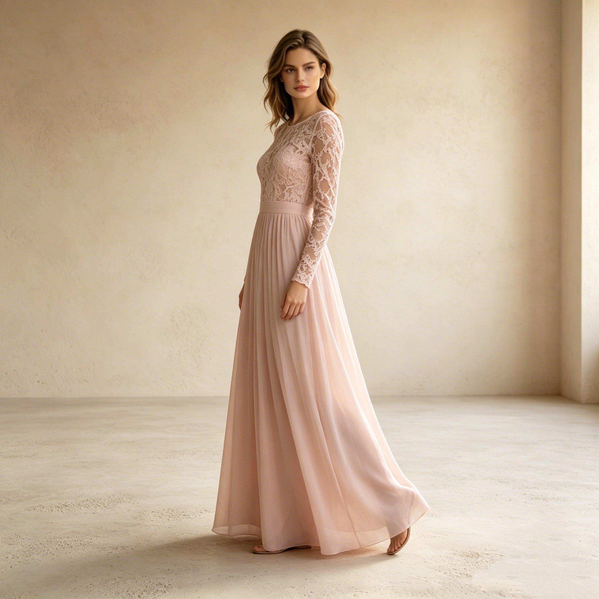 Elegantes A-Linien Abendkleid mit Langarm – Stilvolles Rosé Maxi-Festkleid mit Spitze