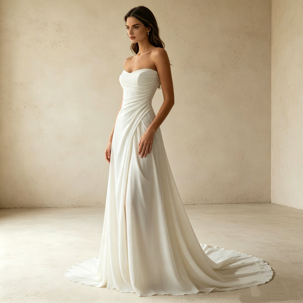 Elegantes Trägerloses Abendkleid in Weiß – Figurbetontes Maxi-Festkleid mit Schleppe