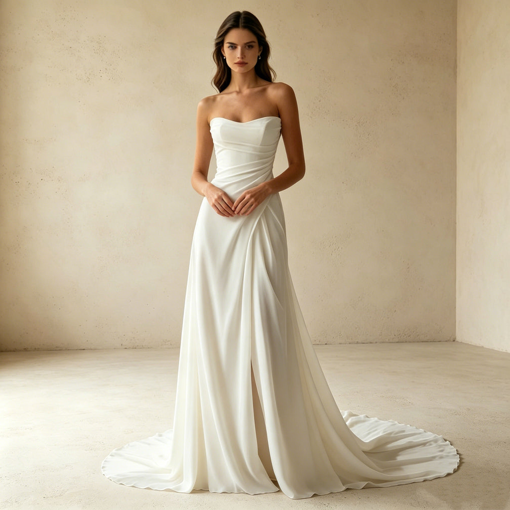 Elegantes Trägerloses Abendkleid in Weiß – Figurbetontes Maxi-Festkleid mit Schleppe