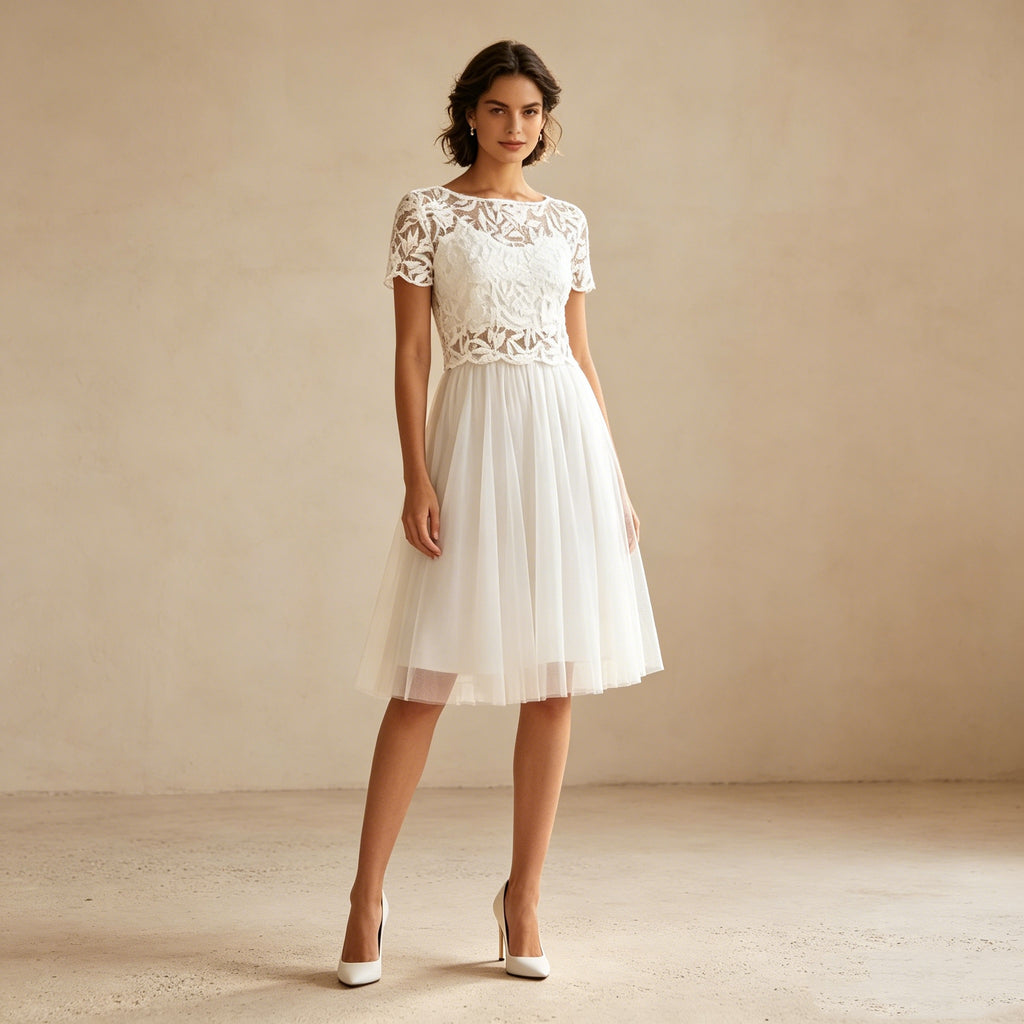Elegantes Spitzen-Abendkleid in Weiß – Schickes Knielanges Festkleid aus Tüll