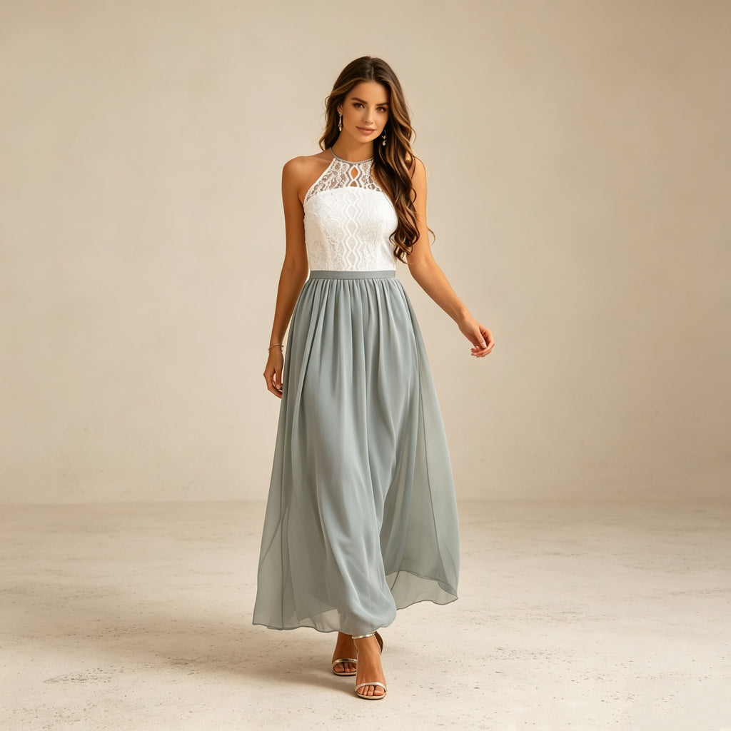 Elegantes Zweifarbiges Abendkleid – Stilvolles Neckholder Maxi-Festkleid mit Spitze