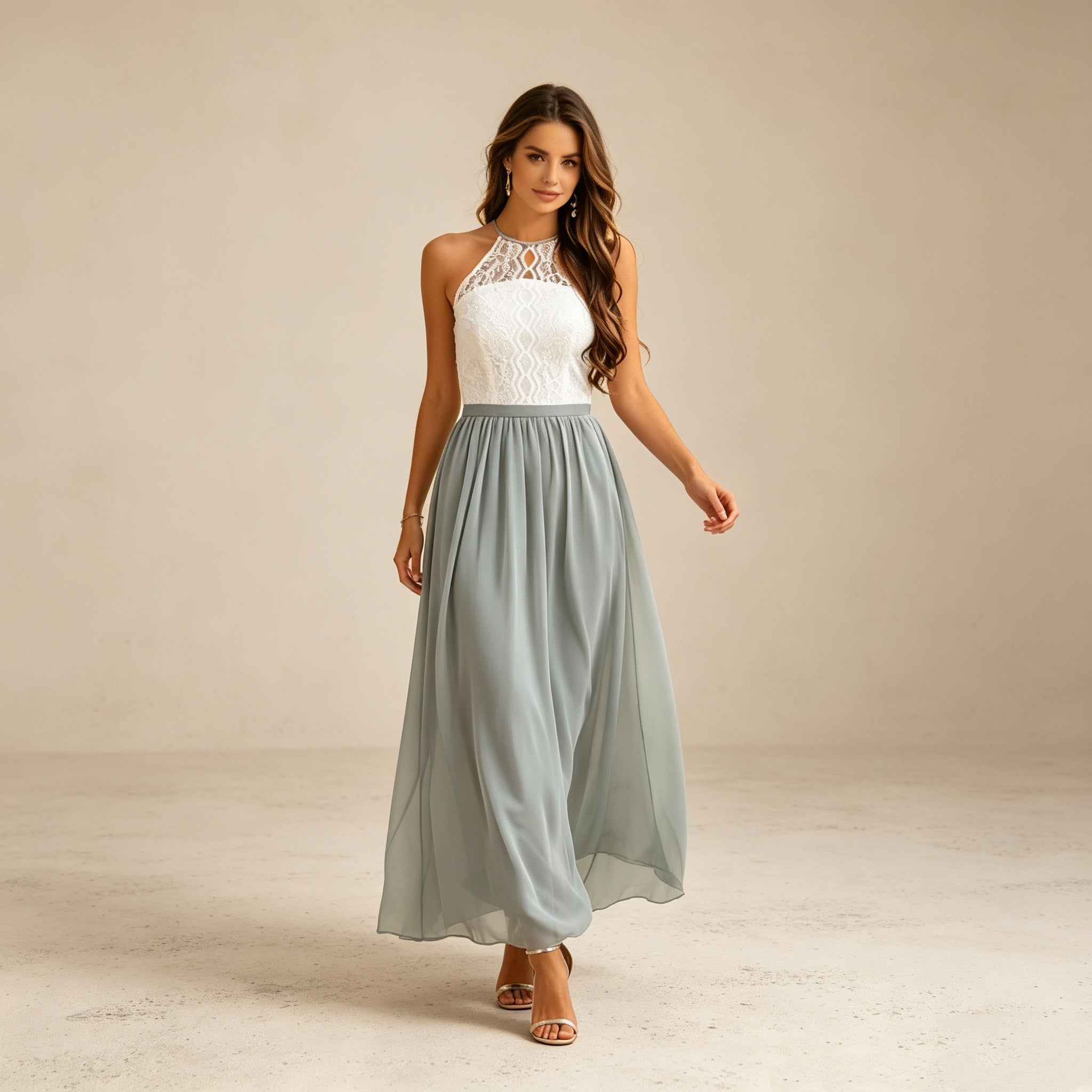 Elegantes Zweifarbiges Abendkleid – Stilvolles Neckholder Maxi-Festkleid mit Spitze