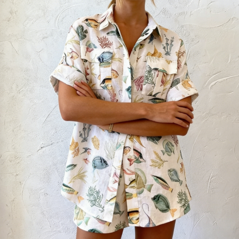 Damen Sommer-Set Leinen-Optik mit Fisch-Print - Maritimes Hemd & Shorts Set, Urlaub