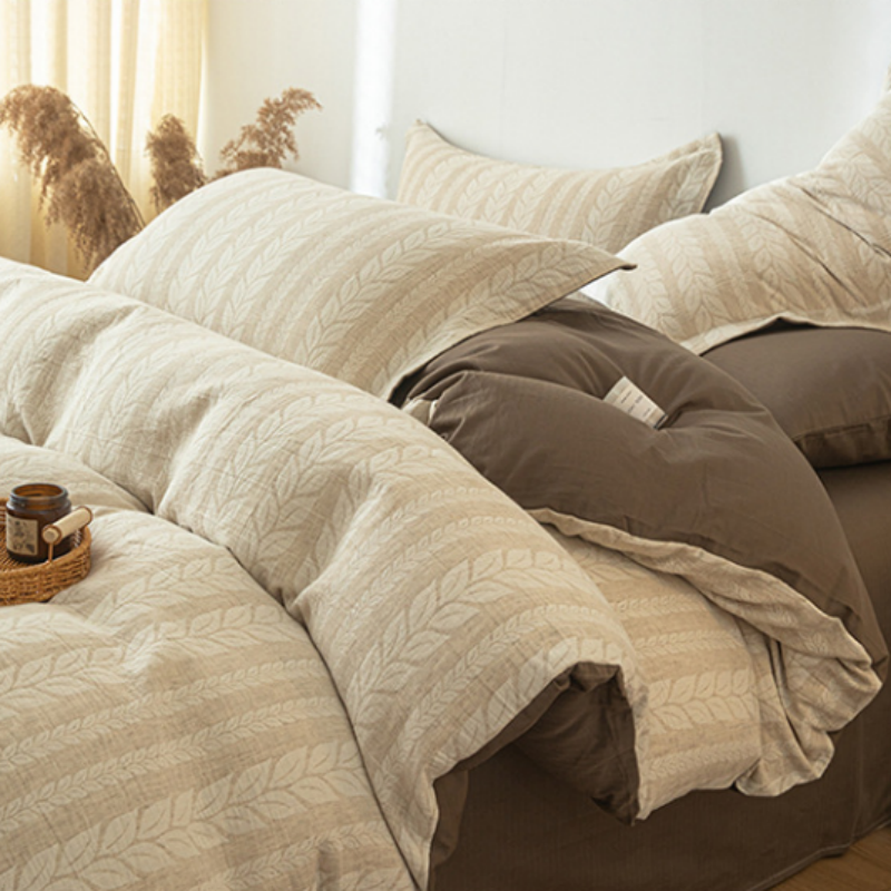 4-teiliges Bettwäsche-Set im Wendedesign – Baumwolle-Leinen Mix in Beige & Dunkelbraun, Atmungsaktiv & Weich