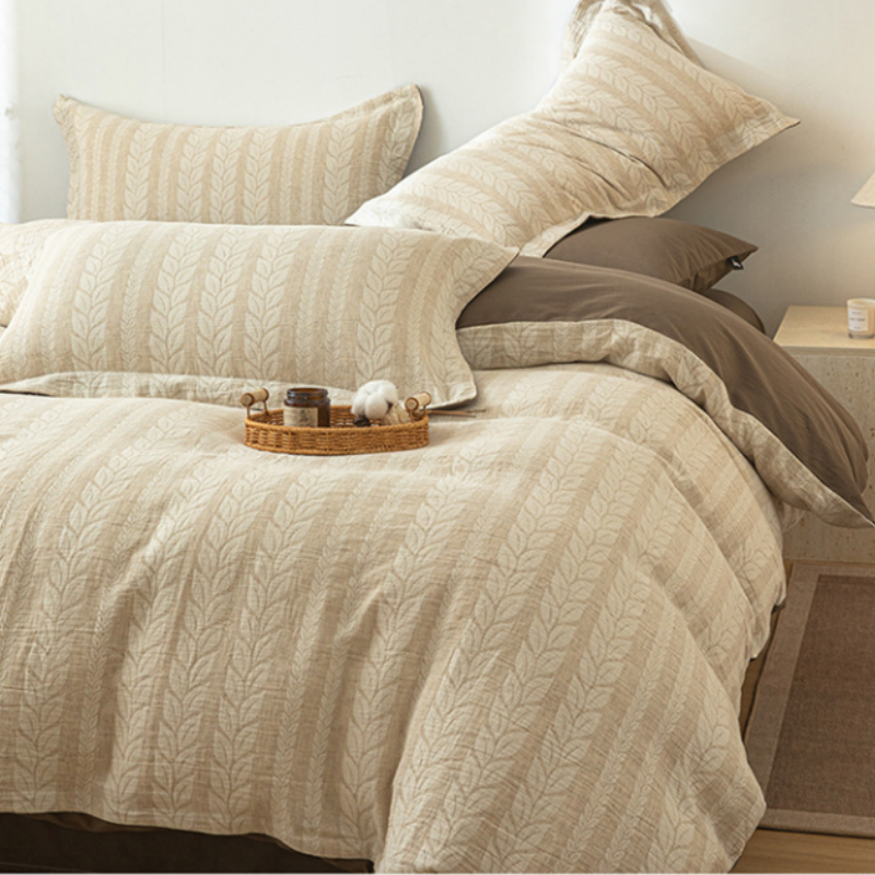 4-teiliges Bettwäsche-Set im Wendedesign – Baumwolle-Leinen Mix in Beige & Dunkelbraun, Atmungsaktiv & Weich