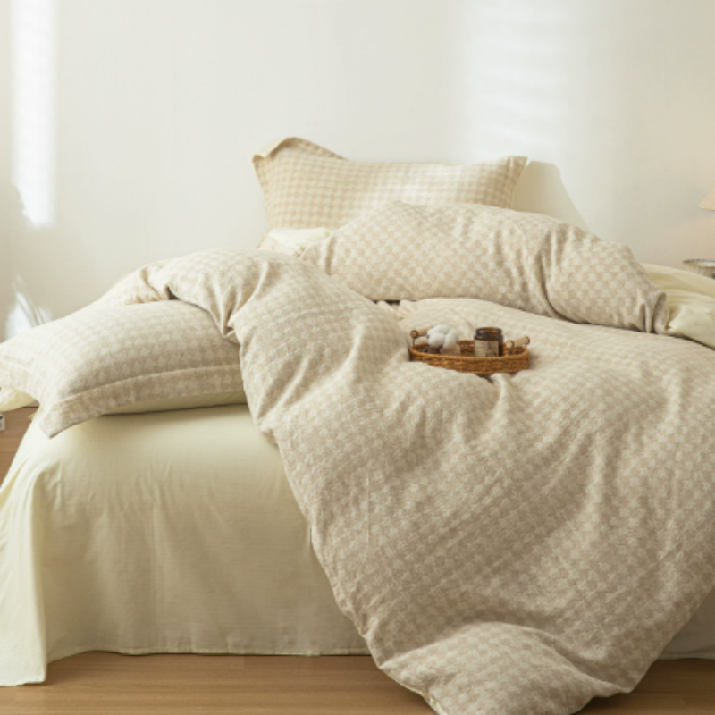 4-teiliges Bettwäsche-Set im Wendedesign – Baumwolle-Leinen Mix in Beige & Dunkelbraun, Atmungsaktiv & Weich