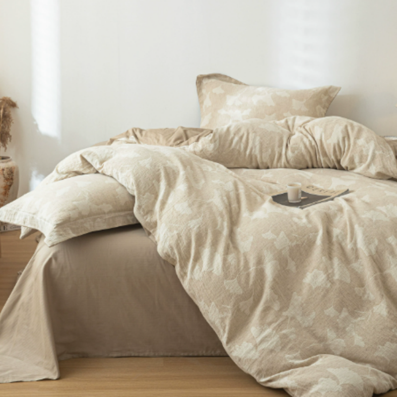 4-teiliges Bettwäsche-Set im Wendedesign – Baumwolle-Leinen Mix in Beige & Dunkelbraun, Atmungsaktiv & Weich