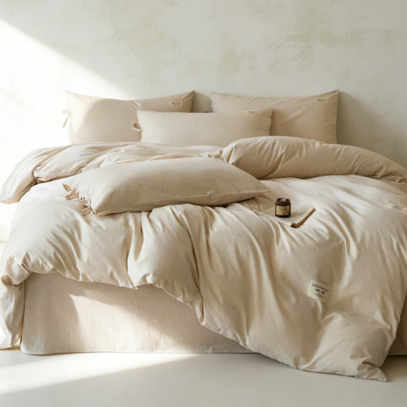 Wabi-Sabi Bettwäsche-Set 4-teilig Creme – Hochwertiger Baumwoll-Leinen Mix, Ästhetischer Deckenbezug mit Bändchen