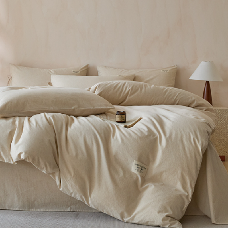 Wabi-Sabi Bettwäsche-Set 4-teilig Creme – Hochwertiger Baumwoll-Leinen Mix, Ästhetischer Deckenbezug mit Bändchen