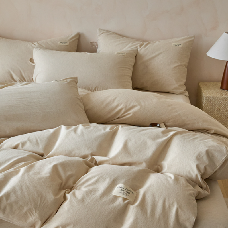 Wabi-Sabi Bettwäsche-Set 4-teilig Creme – Hochwertiger Baumwoll-Leinen Mix, Ästhetischer Deckenbezug mit Bändchen