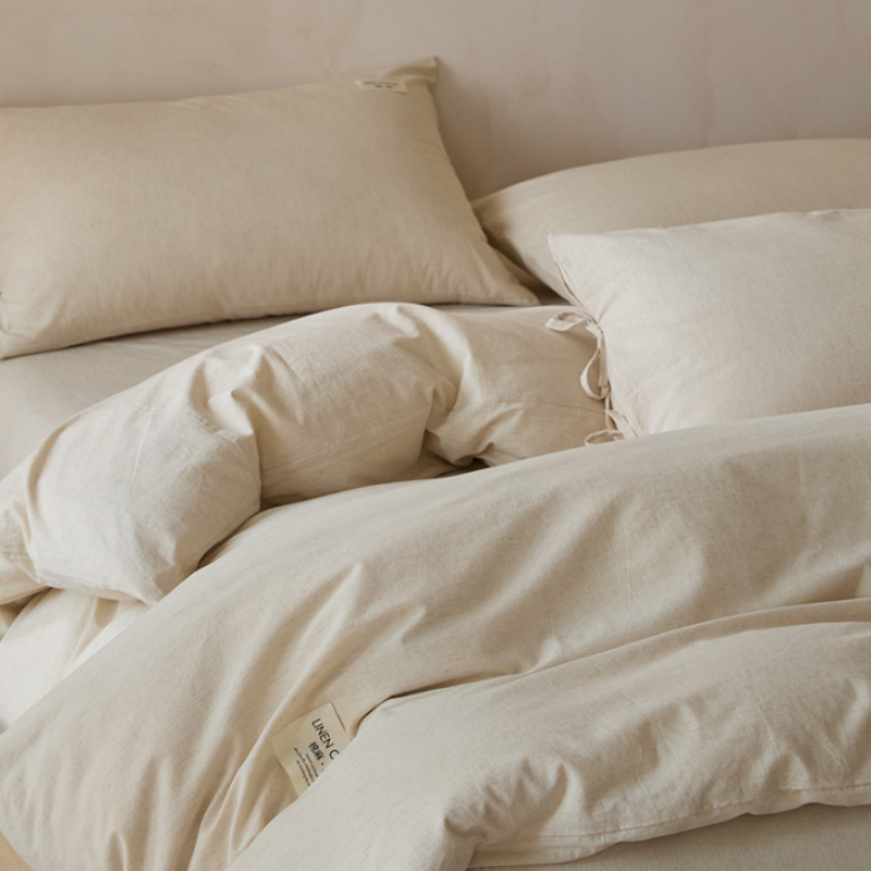 Wabi-Sabi Bettwäsche-Set 4-teilig Creme – Hochwertiger Baumwoll-Leinen Mix, Ästhetischer Deckenbezug mit Bändchen