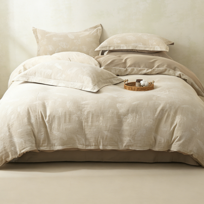 4-teiliges Bettwäsche-Set im Wendedesign – Baumwolle-Leinen Mix in Beige & Dunkelbraun, Atmungsaktiv & Weich