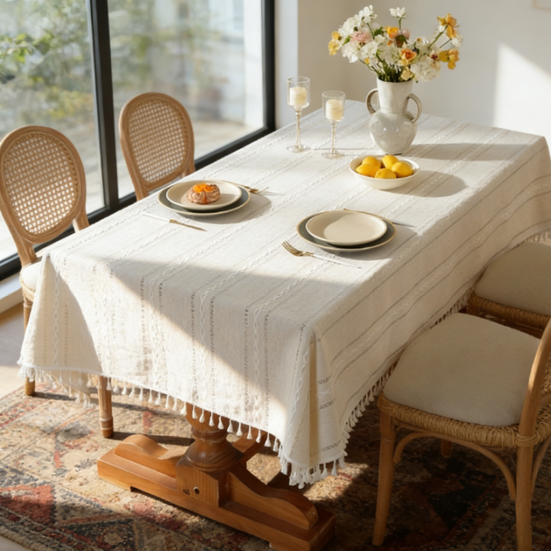 Linen Textured Tablecloth with White Embroidery and Tassel Trim, Rectangle Boho Dining Table Cover for Farmhouse Kitchen, Cream White & Sage Green