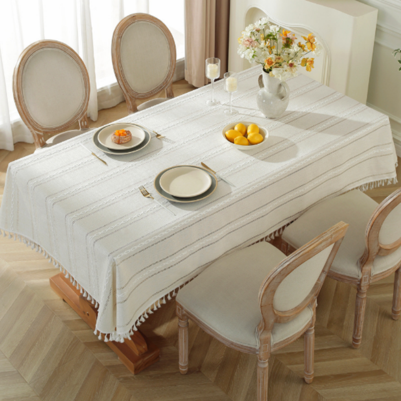 Linen Textured Tablecloth with White Embroidery and Tassel Trim, Rectangle Boho Dining Table Cover for Farmhouse Kitchen, Cream White & Sage Green