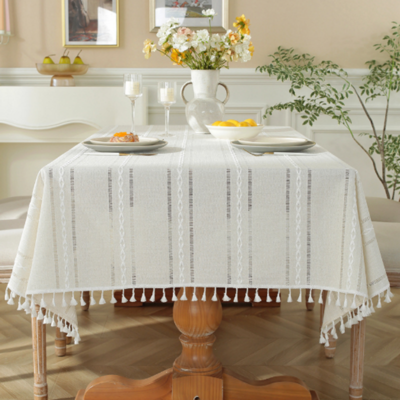 Linen Textured Tablecloth with White Embroidery and Tassel Trim, Rectangle Boho Dining Table Cover for Farmhouse Kitchen, Cream White & Sage Green