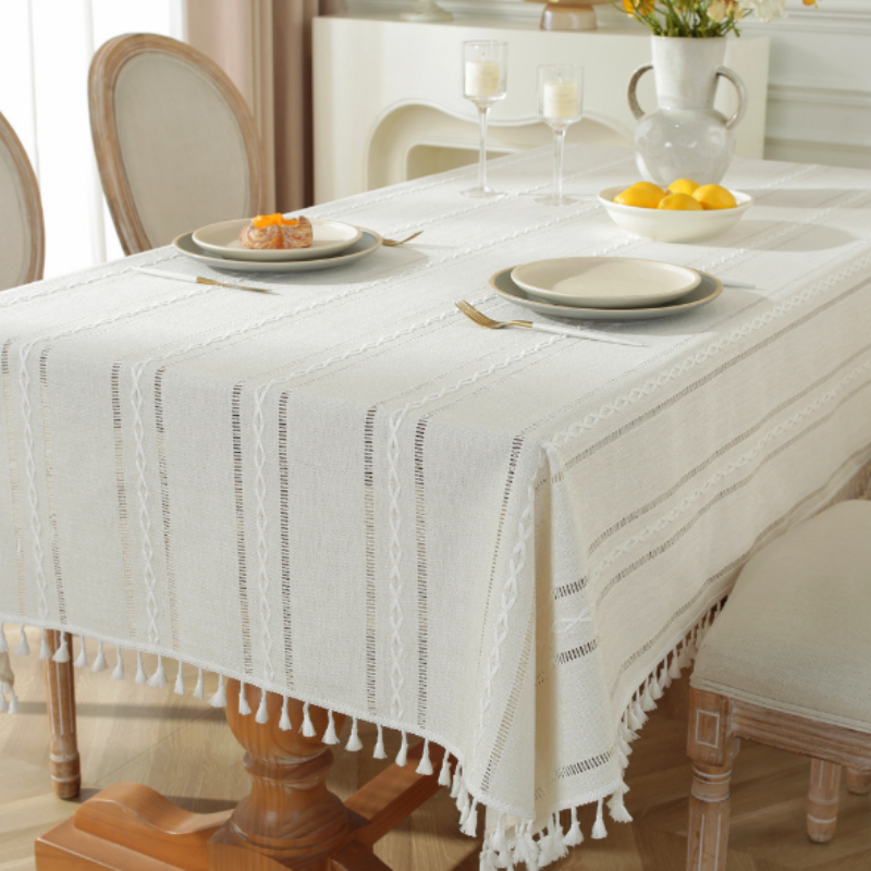 Linen Textured Tablecloth with White Embroidery and Tassel Trim, Rectangle Boho Dining Table Cover for Farmhouse Kitchen, Cream White & Sage Green