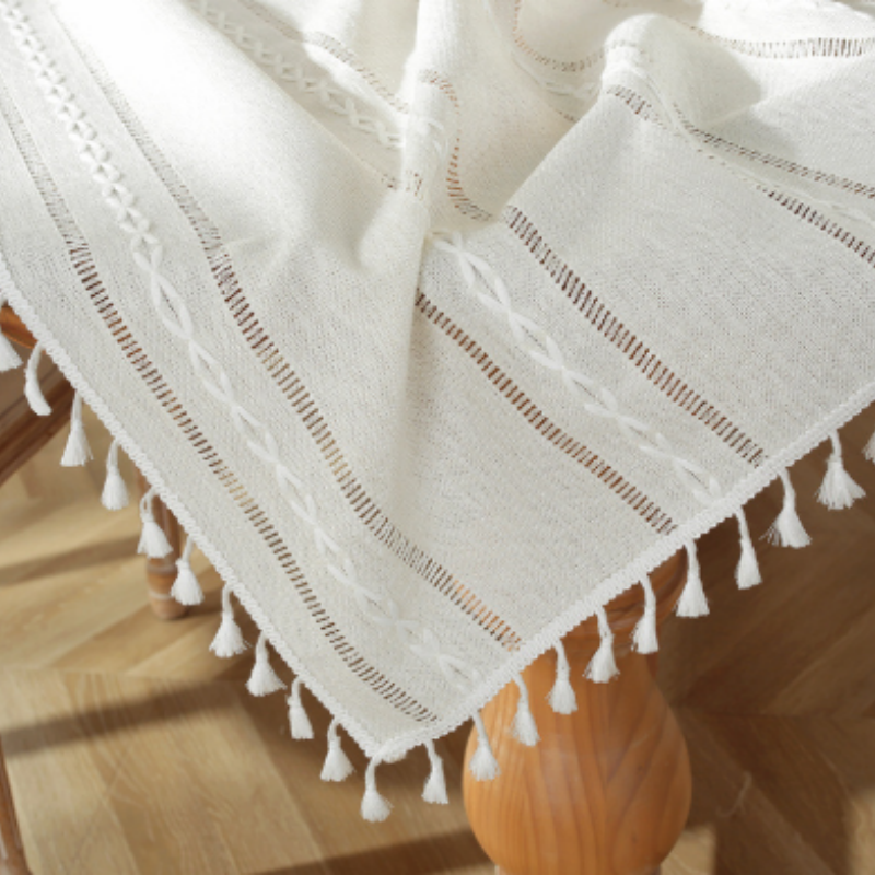 Linen Textured Tablecloth with White Embroidery and Tassel Trim, Rectangle Boho Dining Table Cover for Farmhouse Kitchen, Cream White & Sage Green