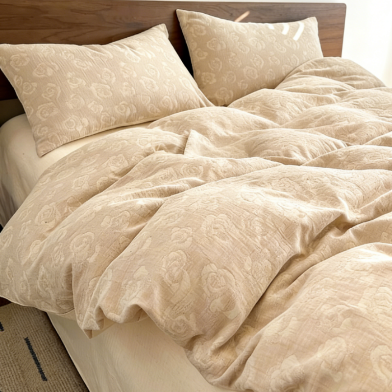 Premium Bettwäsche-Set aus reines Leinen mit Rosen-Jacquard – 4-teilige Bettgarnitur mit Kissenbezügen – Luxus Naturfaser Bettbezug