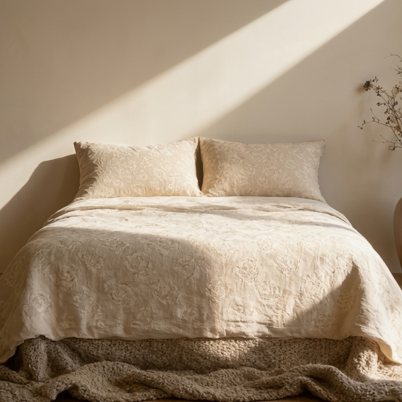 Premium Bettwäsche-Set aus reines Leinen mit Rosen-Jacquard – 4-teilige Bettgarnitur mit Kissenbezügen – Luxus Naturfaser Bettbezug