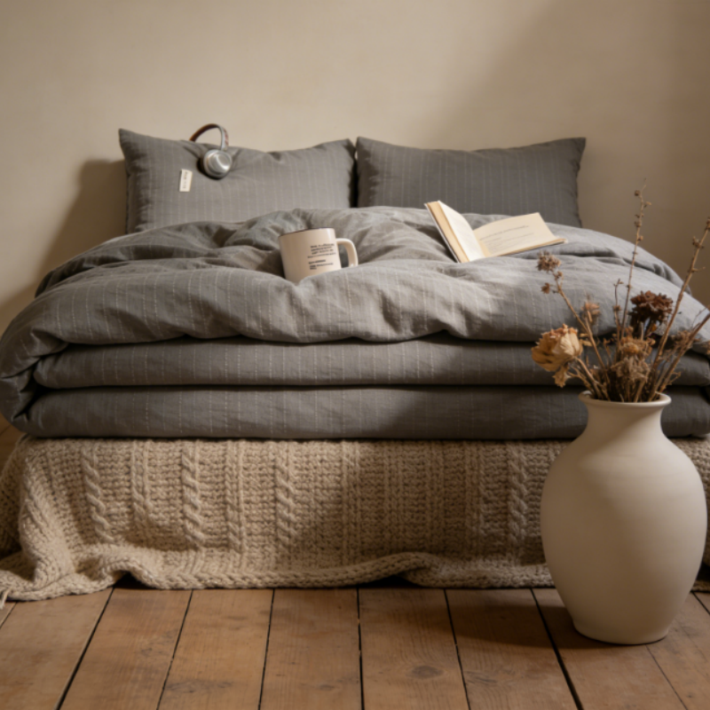 Bettwäsche-Set aus gewaschenem Leinen - Gestreifter Bettbezug & Kopfkissenbezug - Weiche Atmungsaktive Bettwäsche für Ganzjahresnutzung