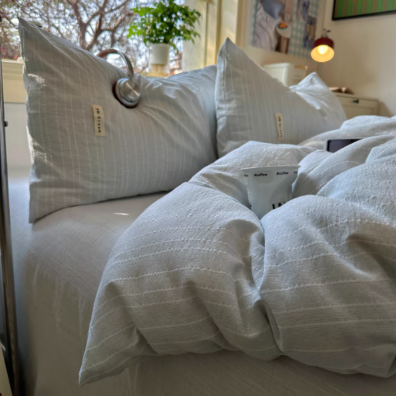 Bettwäsche-Set aus gewaschenem Leinen - Gestreifter Bettbezug & Kopfkissenbezug - Weiche Atmungsaktive Bettwäsche für Ganzjahresnutzung