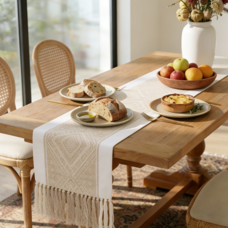 Tischläufer Creme Beige mit Fransen, Boho Jacquard Design mit Rautenmuster, Rustikale Tischdeko für Landhaus & Esszimmer