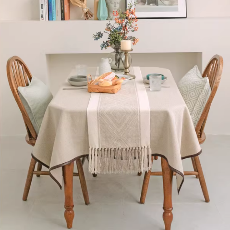 Tischläufer Creme Beige mit Fransen, Boho Jacquard Design mit Rautenmuster, Rustikale Tischdeko für Landhaus & Esszimmer