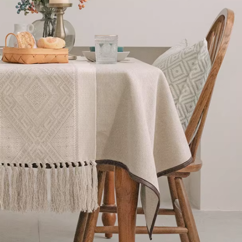 Tischläufer Creme Beige mit Fransen, Boho Jacquard Design mit Rautenmuster, Rustikale Tischdeko für Landhaus & Esszimmer
