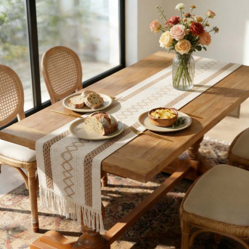 Tischläufer Creme Beige mit Fransen, Boho Baumwolle mit Braunem Lochmuster, Rustikale Tischdeko für Landhaus & Esszimmer