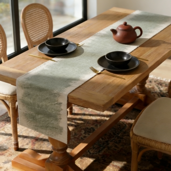 Handbemalter Leinen-Tischläufer Unikat, Salbeigrün im Wabi-Sabi Stil, 100% Naturleinen, Künstlerische Tischdeko