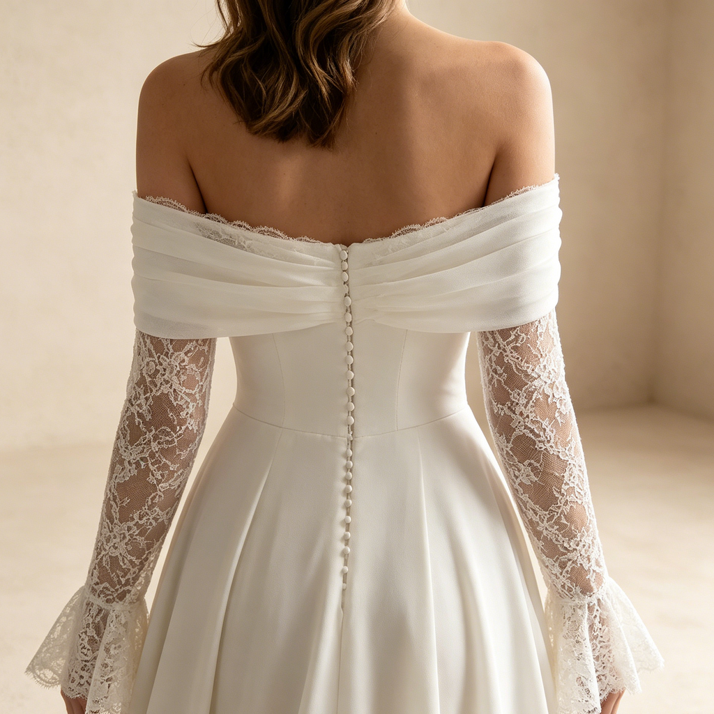 Off-Shoulder Abendkleid lang mit Spitze | Elegantes Maxikleid Weiß langarm