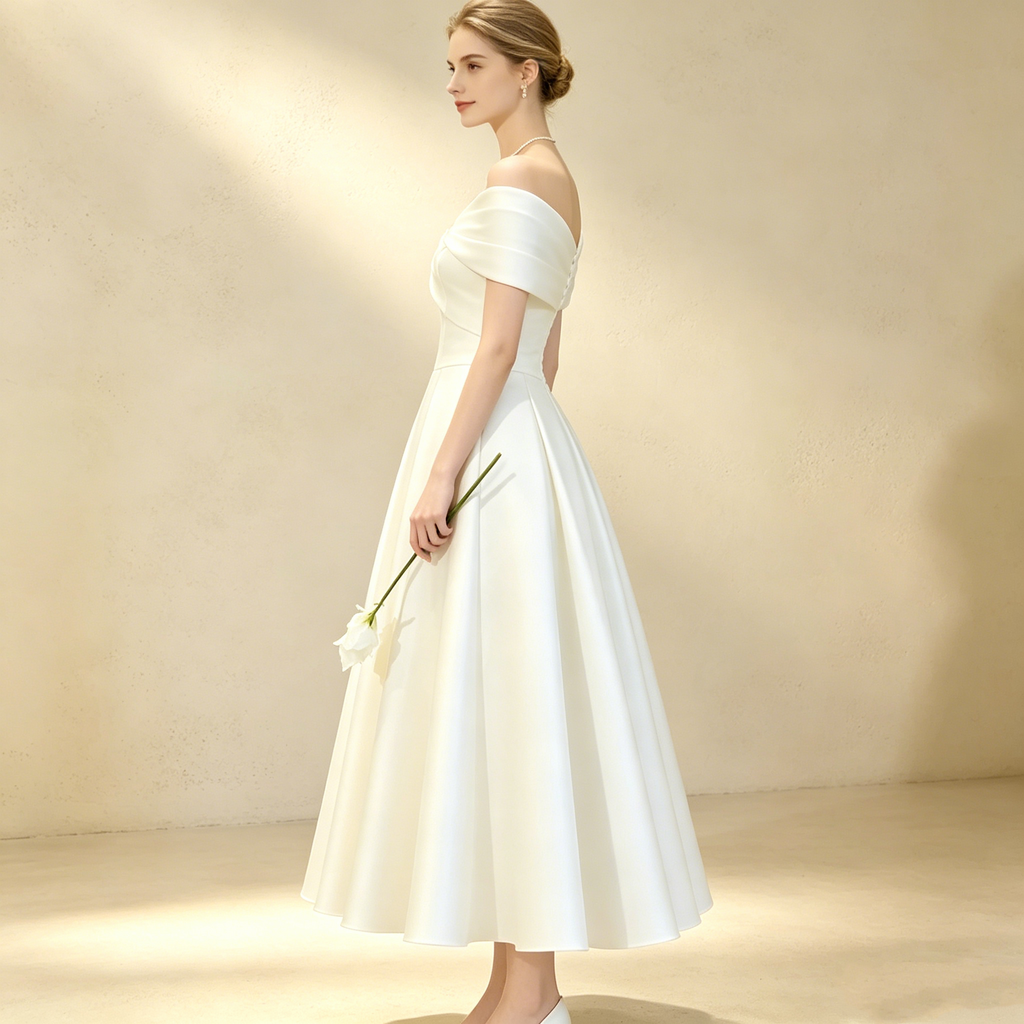 Elegantes A-Linien Satin-Abendkleid mit Carmen-Ausschnitt, Wadenlanges Gala Kleid Weiß