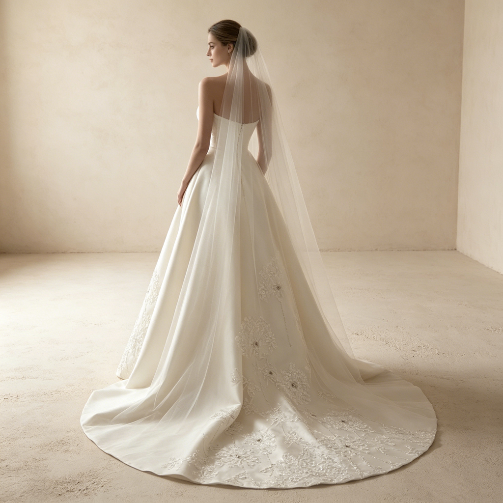 Trägerloses Abendkleid aus Satin mit floraler Bestickung und Schleppe in Creme