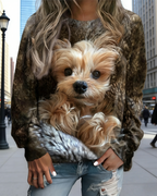 Damen Sweatshirt mit 3D-Hundemotiv Braun: Süßer Yorkshire-Grafikprint, Rundhals & Bequeme Passform, Ganzjährig S-5XL