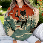 Oversize Hoodie Damen Beige: Stylischer Kapuzenpullover mit Samurai-Katze im Japan-Print, Retro Grafik-Sweatshirt für Ganzjährig S-5XL
