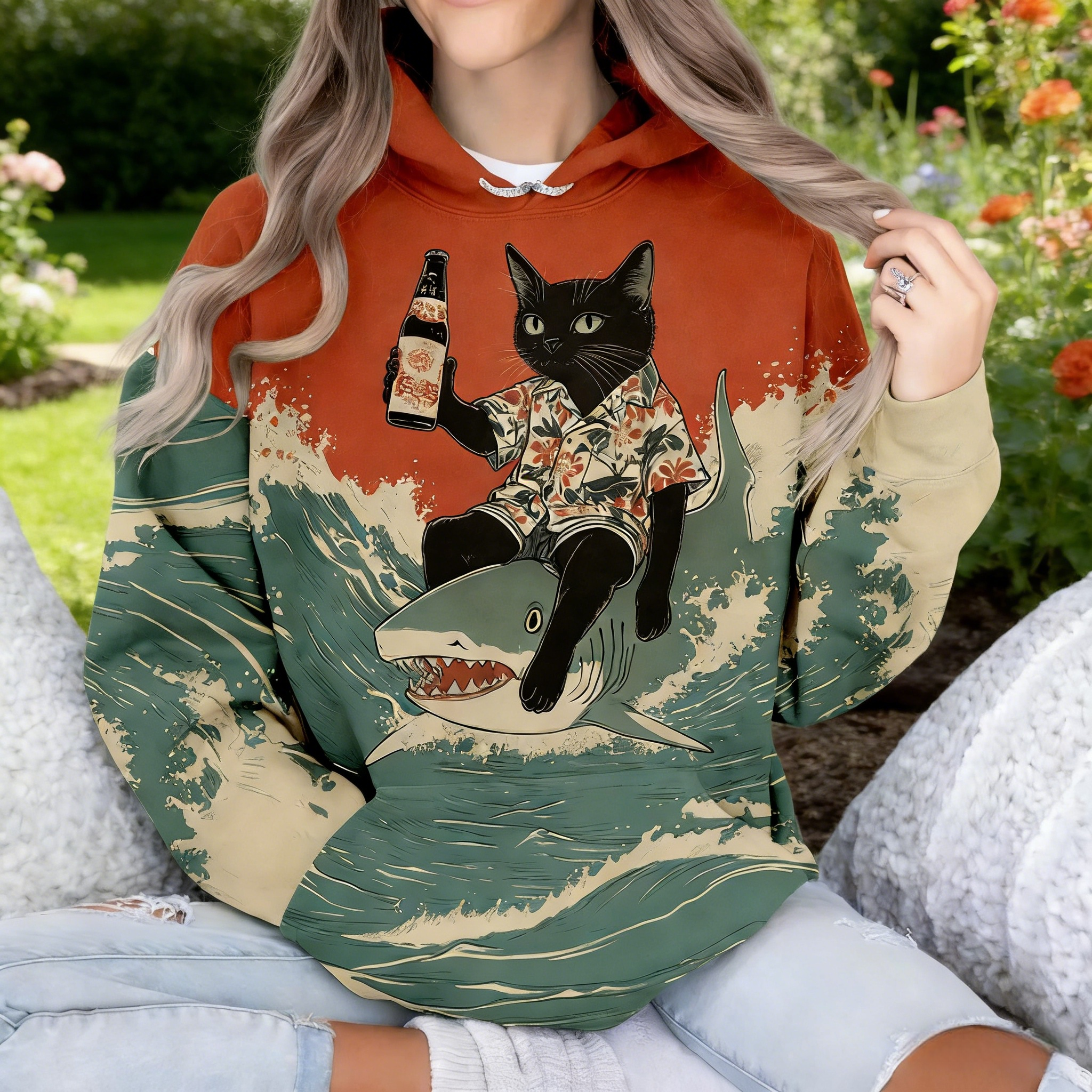 Oversize Hoodie Damen Beige: Stylischer Kapuzenpullover mit Samurai-Katze im Japan-Print, Retro Grafik-Sweatshirt für Ganzjährig S-5XL
