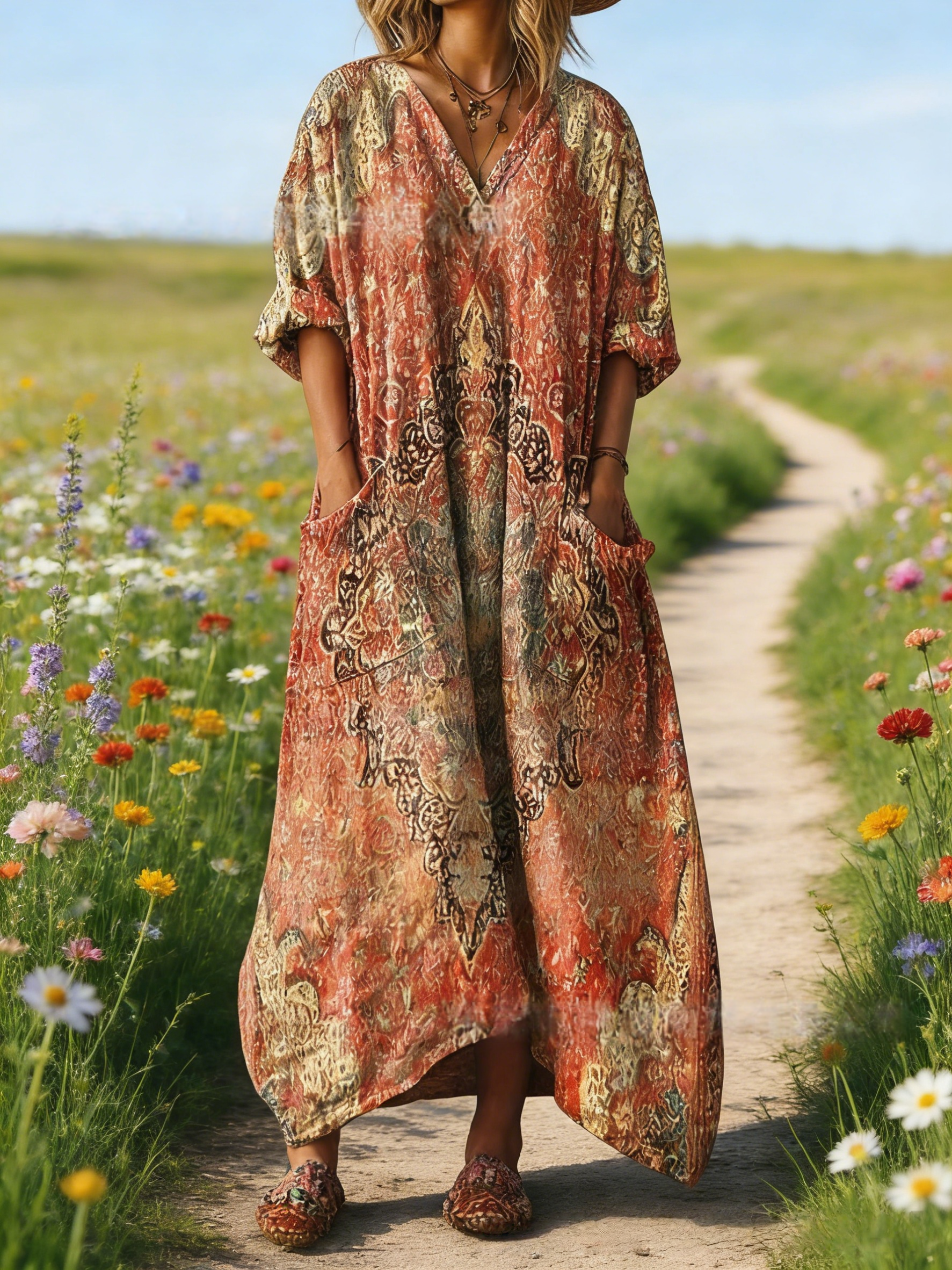 Damen Boho-Maxikleid im Vintage-Stil Orange: Kunstvoller Ethno-Print, V-Ausschnitt & Praktische Taschen, Bequeme Passform, Ganzjährig S-5XL